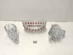 TWO CRYSTAL GLASS ART FRANCE ANIMALS, RHINO AND LION, AND A RUBY FLASH BOAT SHAPED GLASS BOWL.