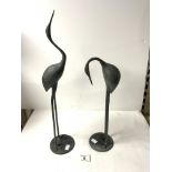 A PAIR OF BRONZE EFFECT METAL CRANE BIRDS FIGURES, 53 CMS.