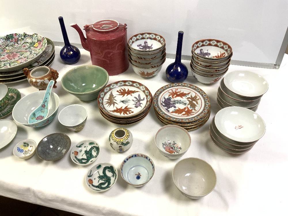 CHINESE PORCELAIN TEA POT, CHINESE SHALLOW DISH, AND CHINESE RICE BOWLS AND PLATES. - Image 3 of 6