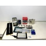 TWO SILVER-PLATED DESK BLOTTERS, A LETTER OPENER, A CARD CASE, A PEWTER HIP FLASK, AND MORE.