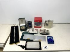 TWO SILVER-PLATED DESK BLOTTERS, A LETTER OPENER, A CARD CASE, A PEWTER HIP FLASK, AND MORE.