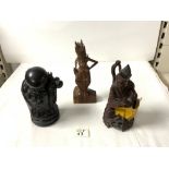 JAPANESE BRONZE FIGURE OF A SAGE, 18CMS, AND TWO CARVED WOODEN BURMESE FIGURES.