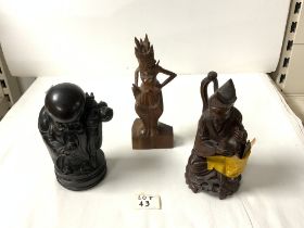 JAPANESE BRONZE FIGURE OF A SAGE, 18CMS, AND TWO CARVED WOODEN BURMESE FIGURES.