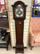 MAHOGANY CASED GRANDMOTHER CLOCK WITH SILVERED CHAPTERED DIAL.