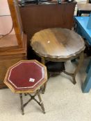 LATE VICTORIAN SHAPED WALNUT 2 TIER OCCASIONAL TABLE, 66X70 CMS, AND A SMALL LEATHER TOP OCTAGONAL