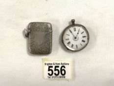 A HALLMARKED ENGRAVED SILVER VESTA, AND A LADIES SILVER FOB WATCH.