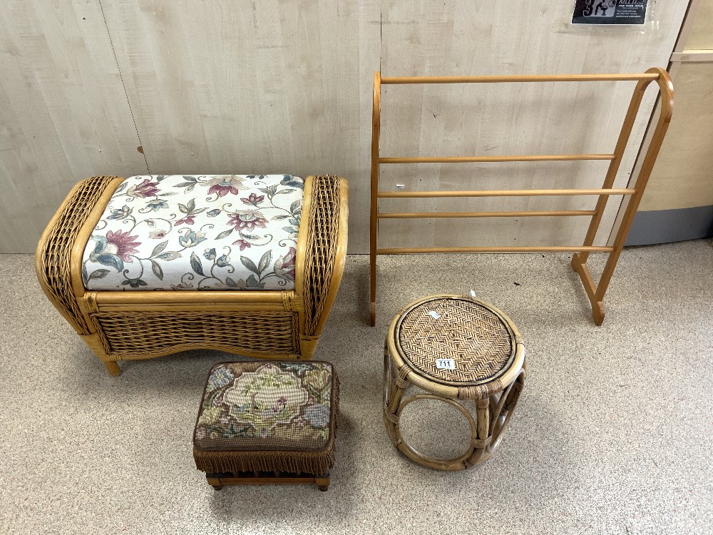 SMALL VICTORIAN FOOTSTOOL, CANE AND WICKER STOOL AND STAND, AND A MODERN TOWEL RAIL.