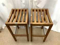 TWO LISTER TEAKWOOD SLATED HIGH STOOLS, 74 CMS HIGH.