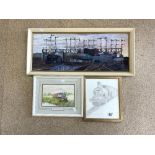 JOHN CARRINGTON - SIGNED OIL ON BOARD WITH A SIGNED WATERCOLOUR AND A PENCIL SKETCH ALL RAILWAY