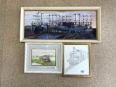 JOHN CARRINGTON - SIGNED OIL ON BOARD WITH A SIGNED WATERCOLOUR AND A PENCIL SKETCH ALL RAILWAY