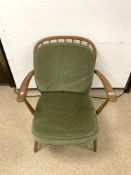 ERCOL STICK BACK ARMCHAIR, WITH LOOSE CUSHIONS.