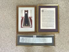 THREE FRAMED AND GLAZED PIECES INCLUDES EMBOSSED GEORGE 111 1780 WILLIAM GALLLEY OF LONDON