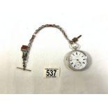 HALKLMARKED SILVER POCKET WATCH, WITH WHITE ENAMEL AND SUBSIDERY SECONDS DIAL, WITH A STONE SET