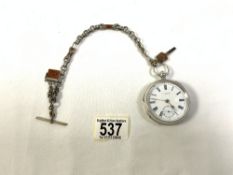 HALKLMARKED SILVER POCKET WATCH, WITH WHITE ENAMEL AND SUBSIDERY SECONDS DIAL, WITH A STONE SET