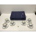 AYNSLEY MARLINA PATTERN COFFEE CANS AND SAUCERS IN FITTED BOX.