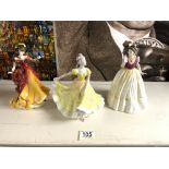 THREE ROYAL DOULTON FIGURES " NINETTE " HN2329, " MIRANDA " HN3037, AND " BELLE " HN3703.