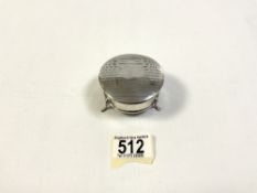 HALLMARKED SILVER CIRCULAR ENGINE TURNED RING BOX WITH VELVET LINED INTERIOR ON PAD FEET 7CM TOTAL