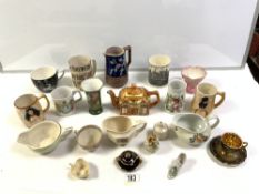 A MAJOLICA JUG, WEDGEWOOD COMMEMORATIVE TANKARD, AND OTHER CERAMICS.