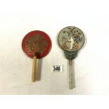 CHINESE HARDSTONE HAND MIRROR WITH FIGURE DECORATION ON REVERSE, 23X10 CMS, AND A RED AND GILT