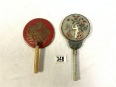 CHINESE HARDSTONE HAND MIRROR WITH FIGURE DECORATION ON REVERSE, 23X10 CMS, AND A RED AND GILT
