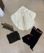 A MASONIC EMBROIDERED SILK ROBE, A VINTAGE EMBROIDERED BLACK DRESS, BLACK LACE VEIL, AND A