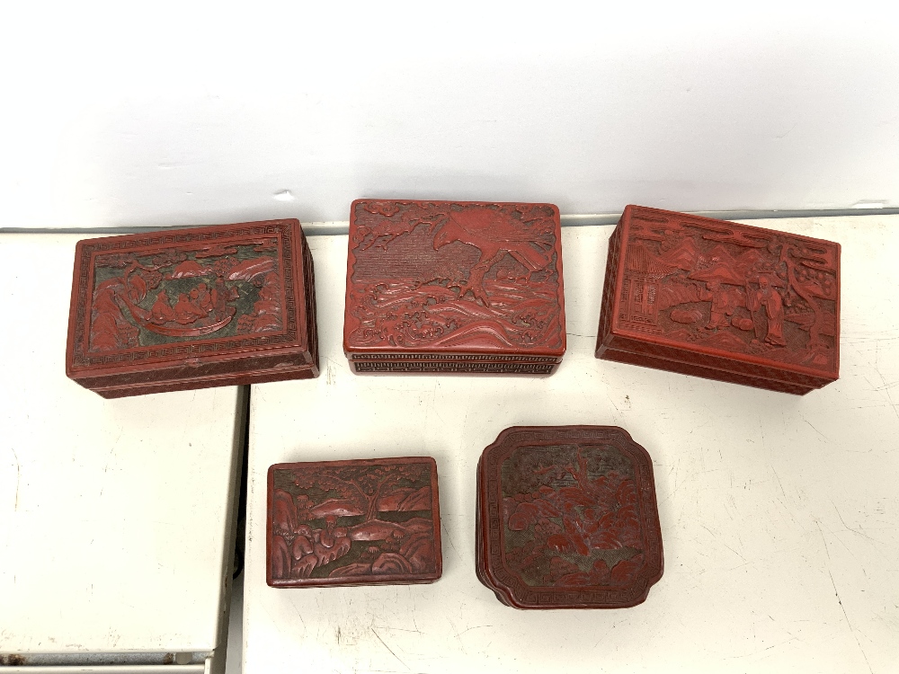 FIVE CHINESE RED CINEBAR LACQUER BOXES, 14X9 CMS LARGEST. - Image 2 of 3