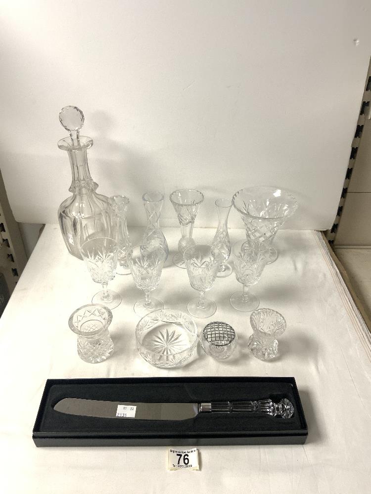 WATERFORD CRYSTAL HANDLED BREAD KNIFE IN BOX, AND CUT GLASS DECANTER AND OTHER GLASSWARE.