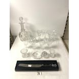 WATERFORD CRYSTAL HANDLED BREAD KNIFE IN BOX, AND CUT GLASS DECANTER AND OTHER GLASSWARE.