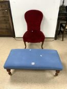 VICTORIAN UPHOLSTERED BEDROOM CHAIR ON ROSEWOOD CABRIOLE LEGS, AND BLUE UPHOLSTERED WINDOW SEAT ON