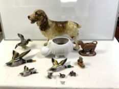 LARGE PLASTER FIGURE OF A COCKER SPANIEL, A/F, 46X36 CXMS, OTHER PORCELAIN FIGURES OF ANIMALS,