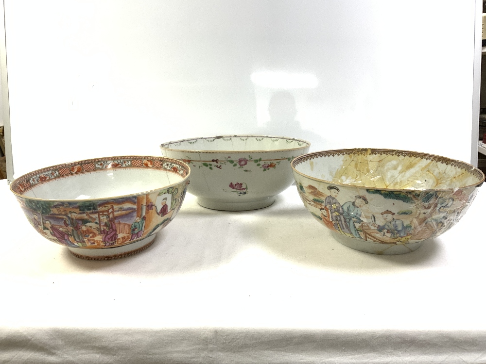 THREE CHINESE FAMILLE ROSE BOWLS, A/F, 32 CMS DIAMETER LARGEST. - Image 3 of 4