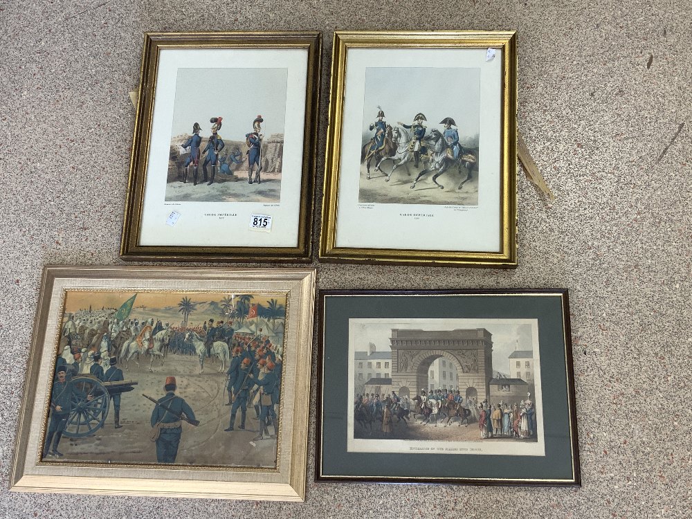 FOUR EARLY MILITARY PRINTS LARGEST 50 X 40CM ALL FRAMED AND GLAZED