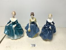 THREE ROYAL DOULTON FIGURES - " JANINE " HN2461, " FRAGANCE " HN2334, AND " MELANIE " HN2271.