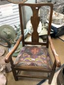 ANTIQUE ELM FIDDLE BACK ELBOW CHAIR, WITH TAPESTRY SEAT.