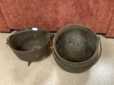 TWO ANTIQUE IRON COOKING CAULDRONS.