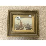 19TH-CENTURY WATERCOLOUR BOATS IN THE HARBOUR FRAMED AND GLAZED 34 X 29CM