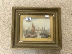 19TH-CENTURY WATERCOLOUR BOATS IN THE HARBOUR FRAMED AND GLAZED 34 X 29CM