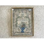 EARLY SAMPLER BY PHEBE PEACHEY AGED 14 DATED 1825 FRAMED AND GLAZED 38 X 48CM