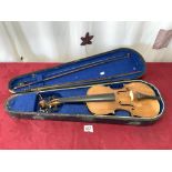 VIOLIN IN CASE WITH PAPER LABEL - METRO VIOLIN CLASS ORGANISATION, AND TWO BOWS, 14 1/4" IN LENGTH