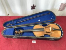 VIOLIN IN CASE WITH PAPER LABEL - METRO VIOLIN CLASS ORGANISATION, AND TWO BOWS, 14 1/4" IN LENGTH