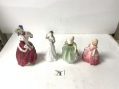 FOUR ROYAL DOULTON FIGURES - " CHRISTMAS MORN " HN1992, "HAPPY CHRISTMAS " HN4255, " FAIR MAIDEN "