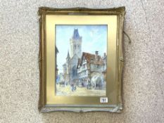 JAMES HOLLAND (1799-1870) ENGLAND SIGNED WATERCOLOUR STREET SCENE WITH HORSE AND CART FRAMED AND