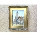 JAMES HOLLAND (1799-1870) ENGLAND SIGNED WATERCOLOUR STREET SCENE WITH HORSE AND CART FRAMED AND