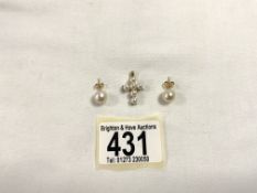 PEARLS 375 GOLD CRUCIFIX AND EARRINGS