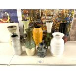 THREE 1960s WEST GERMAN VASES, 29 CMS TALLEST, AND SIX OTHER VASES.