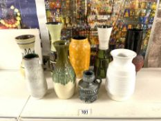 THREE 1960s WEST GERMAN VASES, 29 CMS TALLEST, AND SIX OTHER VASES.