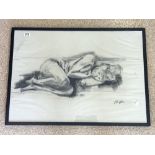 SIGNED CHARCOAL DRAWING OF A FIGURE LAYING 87 X 63CM