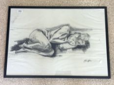 SIGNED CHARCOAL DRAWING OF A FIGURE LAYING 87 X 63CM