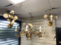 ORNATE GILT METAL FLORAL EIGHT-BRANCH CHANDELIER AND PAIR MATCHING WALL LIGHTS.