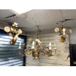 ORNATE GILT METAL FLORAL EIGHT-BRANCH CHANDELIER AND PAIR MATCHING WALL LIGHTS.